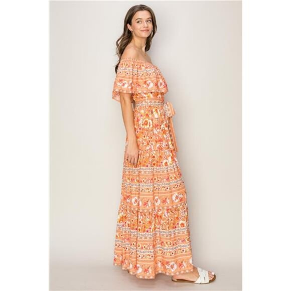 NWT 🌺 HYFVE Floral Off-Shoulder Tie Front Maxi Dress, Apricot, Flowy, Feminine - Picture 4 of 5